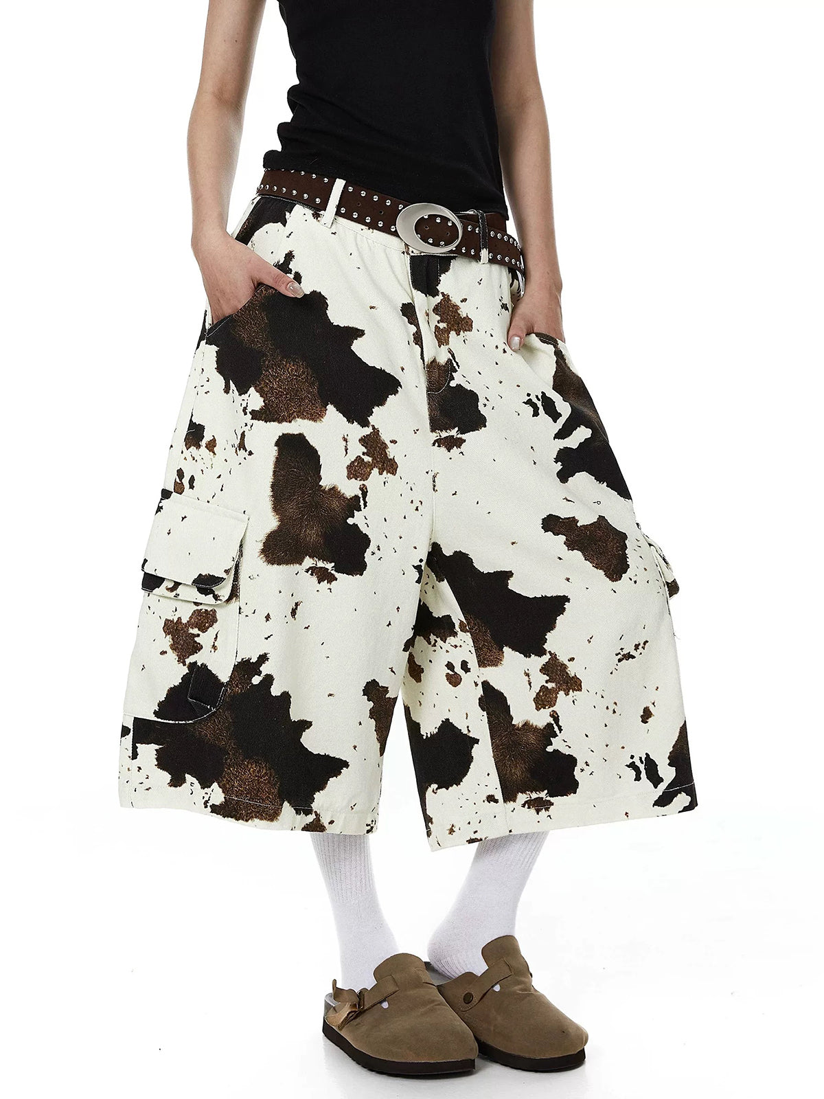 Brick Lane Wide-leg Cow Print Jorts - Brown