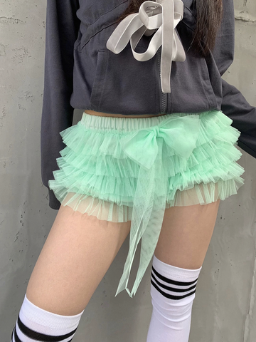 Brick Lane Skimming Mesh Bow Mini Skort - Mint
