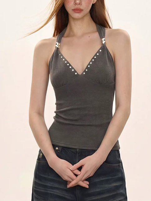 Brick Lane Halter Crisscross Tank Top - Grey