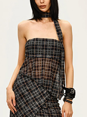 Brick Lane Asymmetric Mesh Check Tube Top - Black