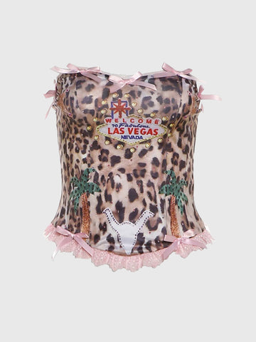 Brick Lane Skimming Lace Bow Leopard Cami - Pink