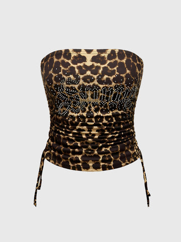 Brick Lane Skimming Rhinestone Leopard Tube Top - Brown