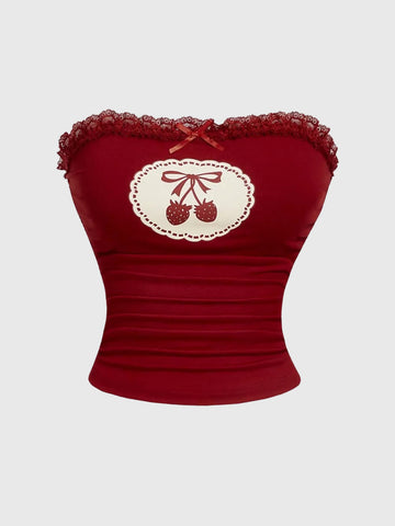 Brick Lane Skimming Lace Bow Cherry Tube Top - Red