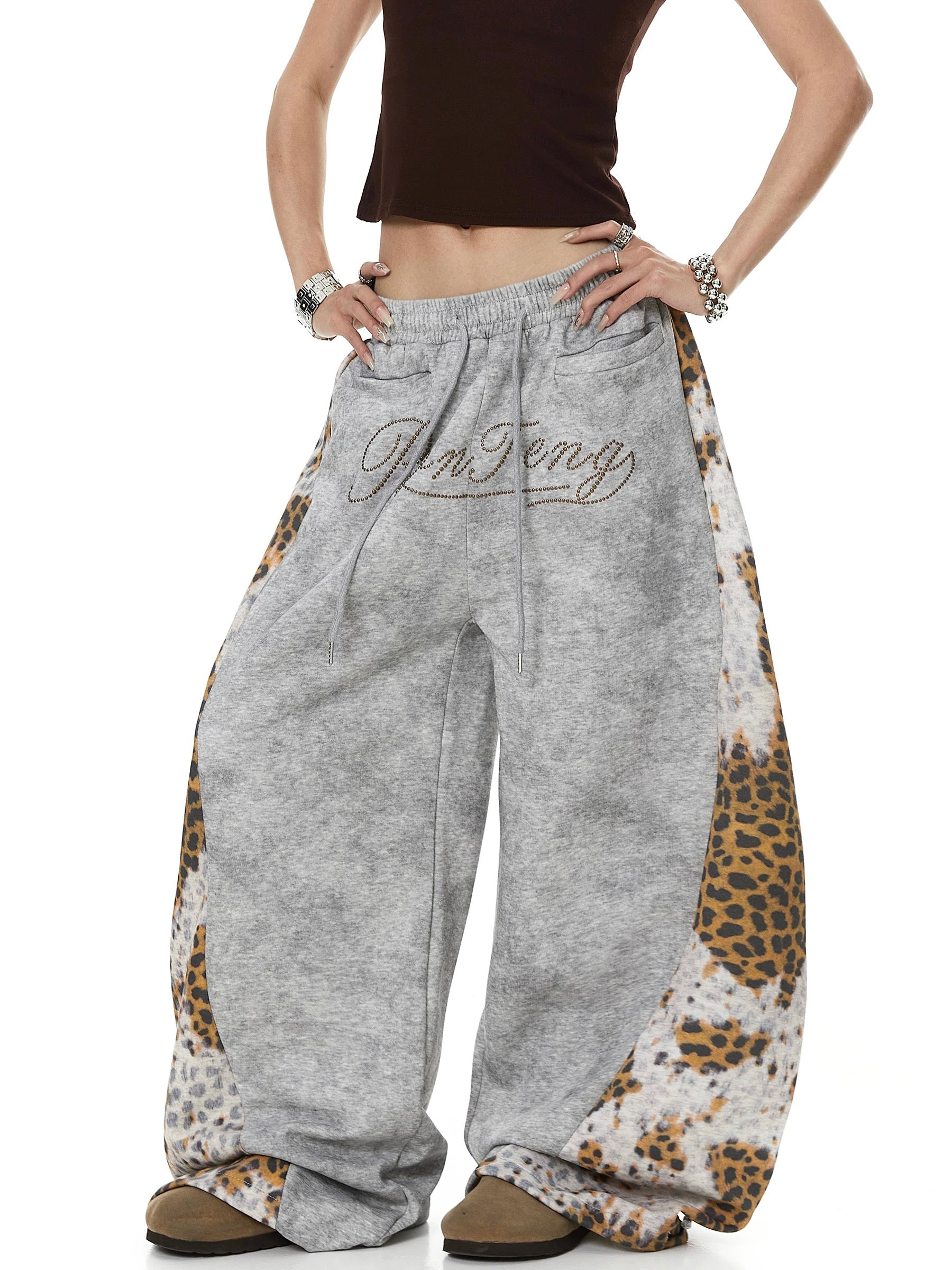 Brick Lane Curved Cut Leopard Pants - White