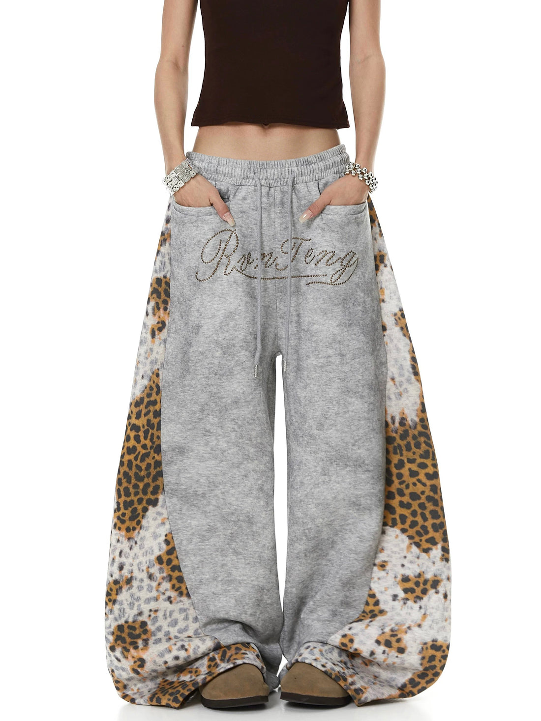 Brick Lane Curved Cut Leopard Pants - White