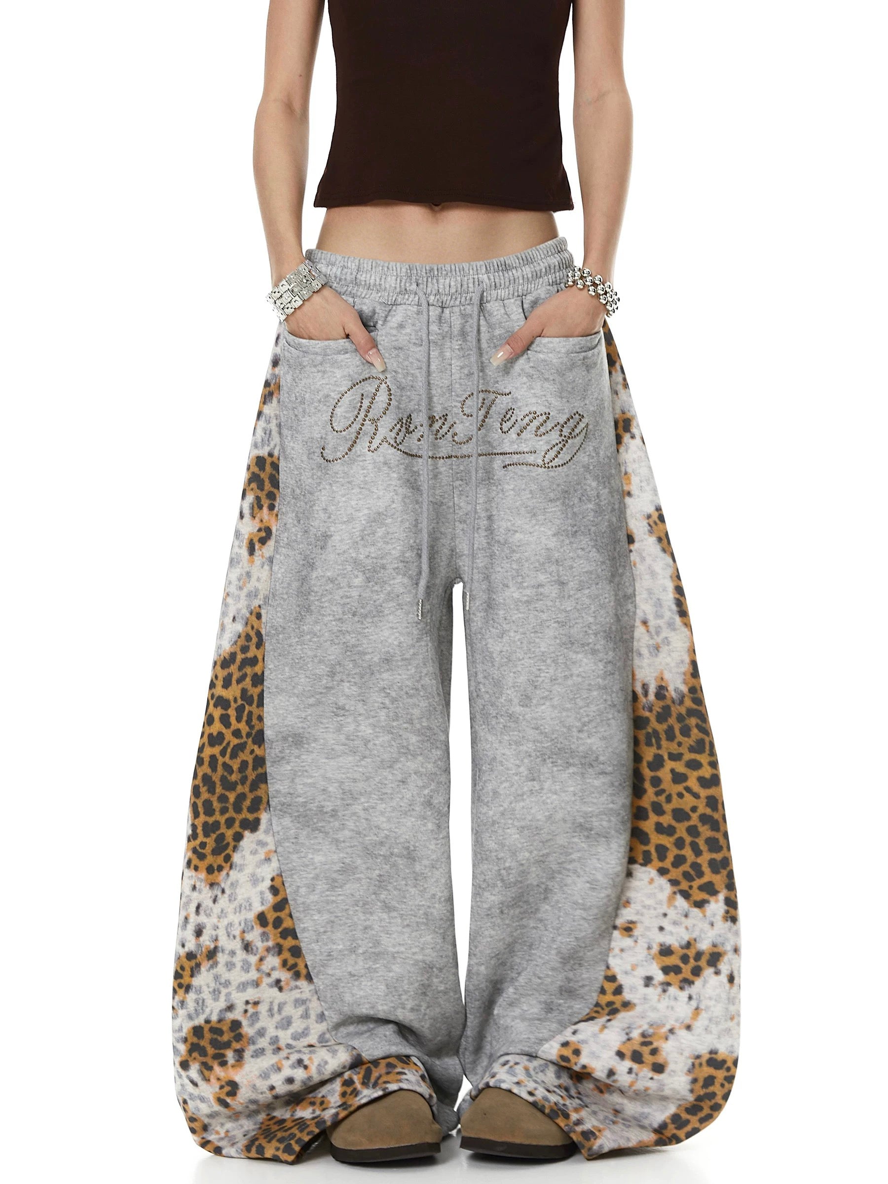 Brick Lane Curved Cut Leopard Pants - White