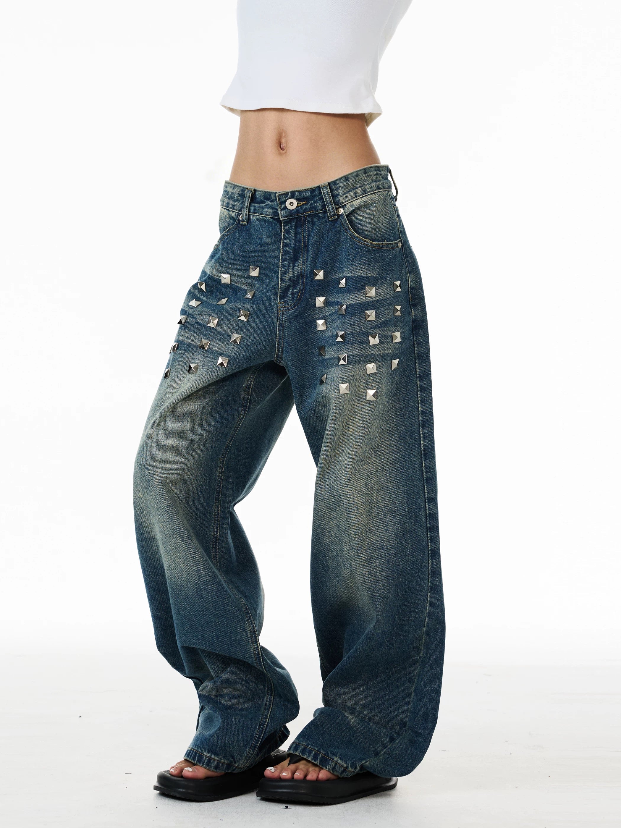 Brick Lane Wide-leg Rhinestone Jeans - Blue