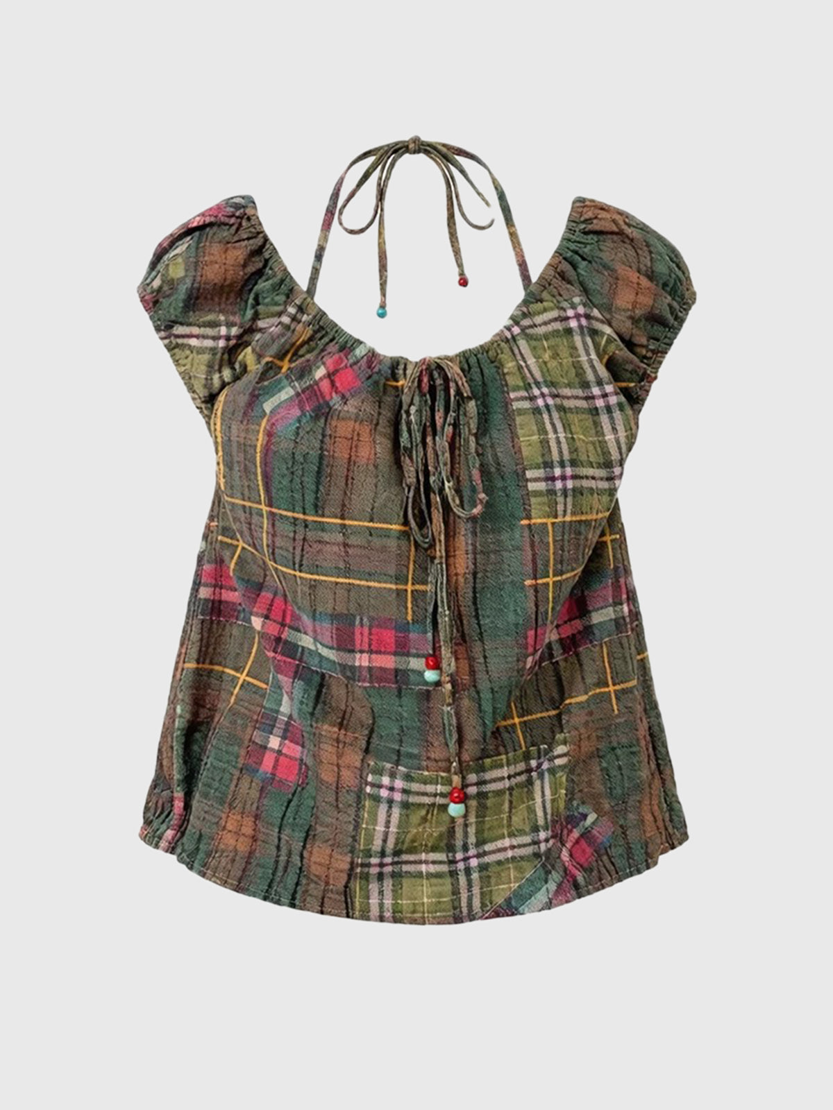 Brick Lane Halter Check Top - Black
