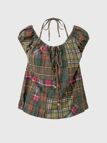 Brick Lane Halter Check Top - Black
