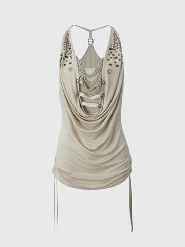 Brick Lane Draped Lace Up Tank Top - Beige