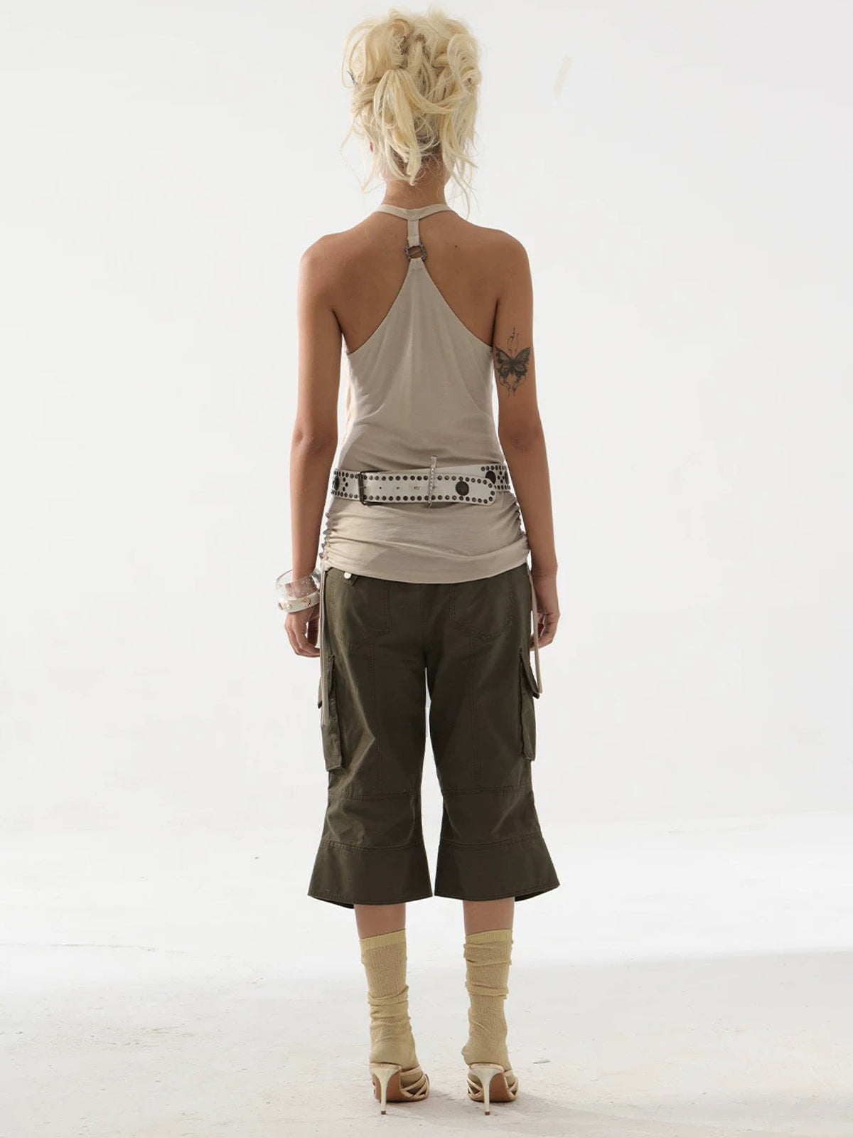 Brick Lane Draped Lace Up Tank Top - Beige