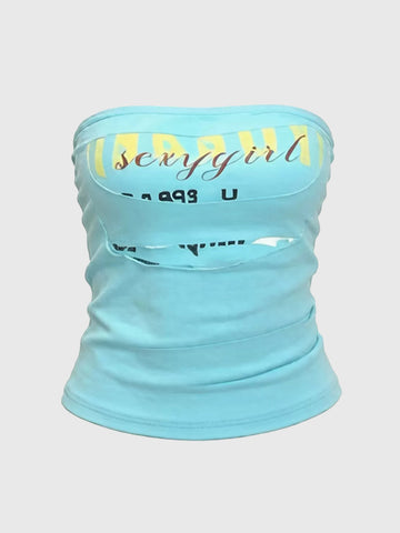 Brick Lane Skimming Letter Print Tube Top - Blue
