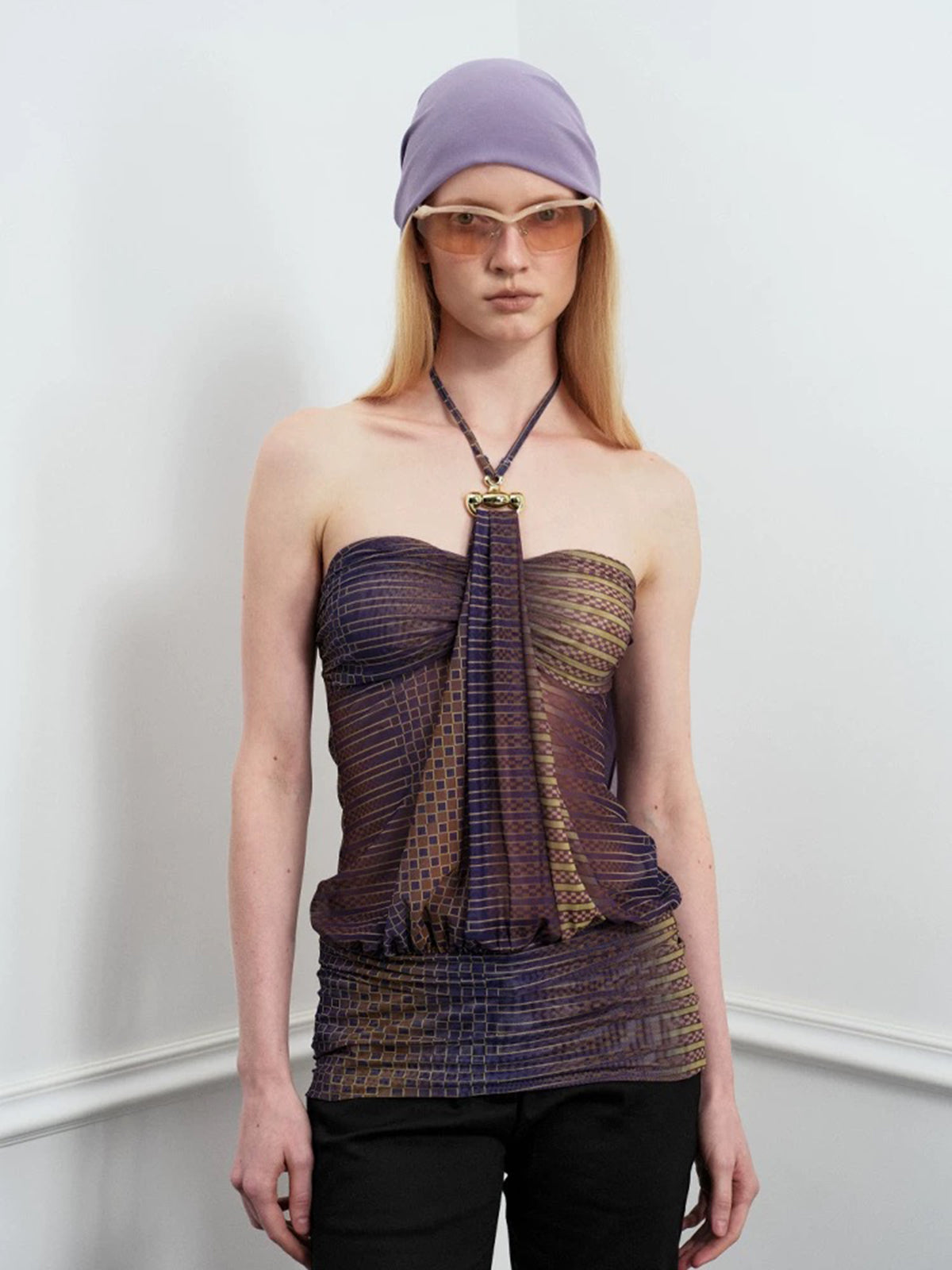 Brick Lane Draped Contrast Halter Top - Brown
