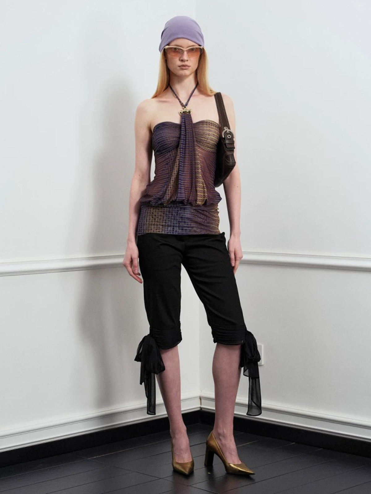 Brick Lane Draped Contrast Halter Top - Brown