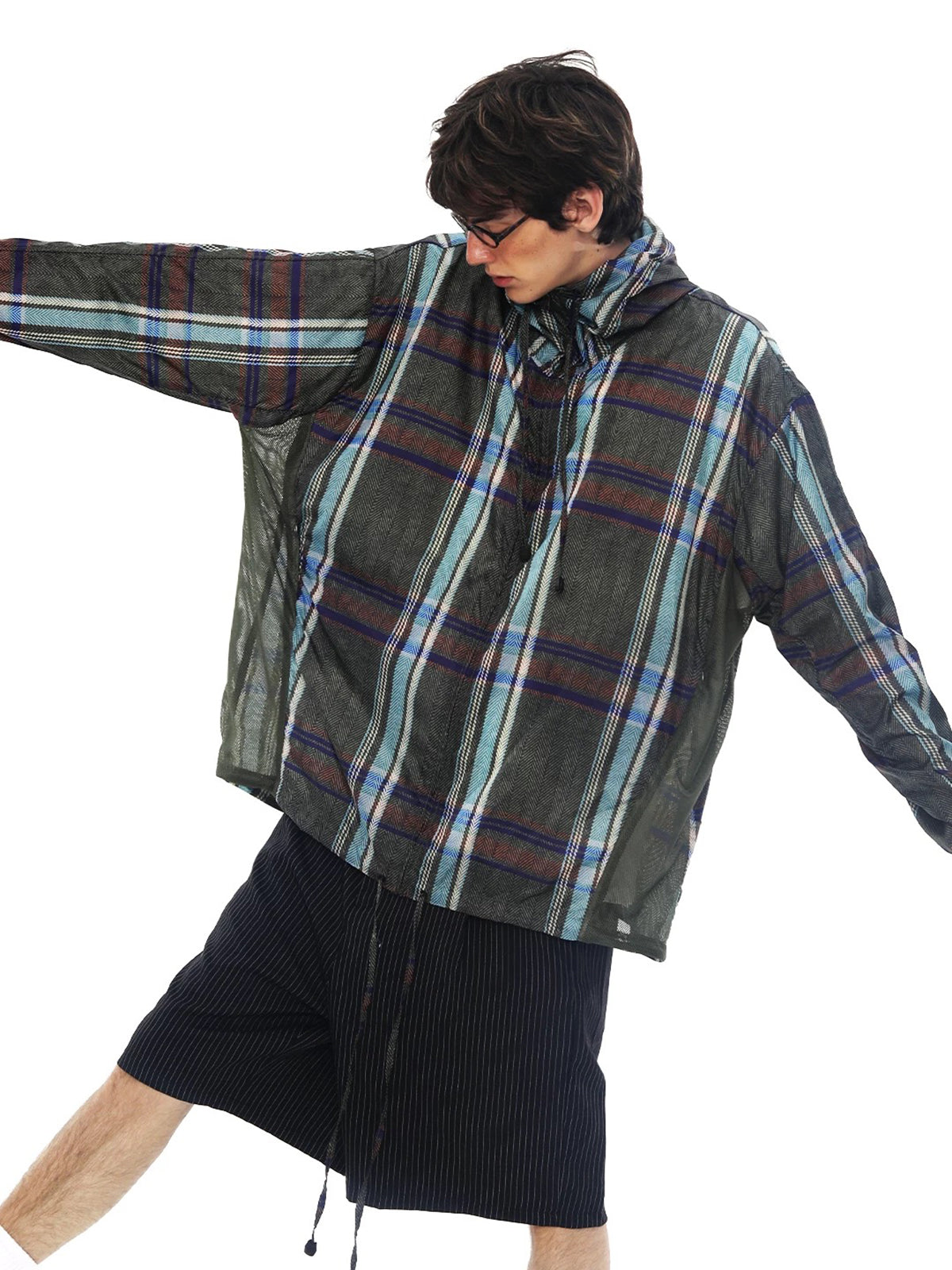 Co-ed Dorm Baggy Check Sheer Hoodie - Black