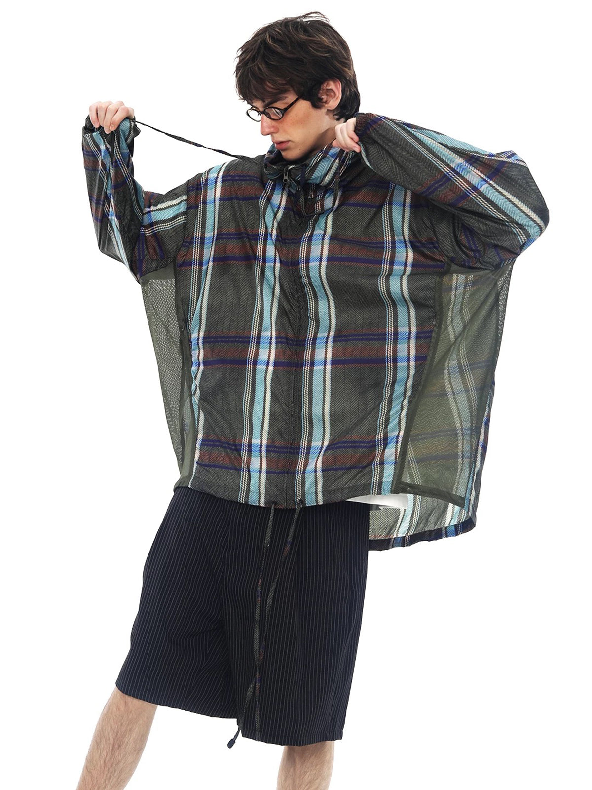 Co-ed Dorm Baggy Check Sheer Hoodie - Black