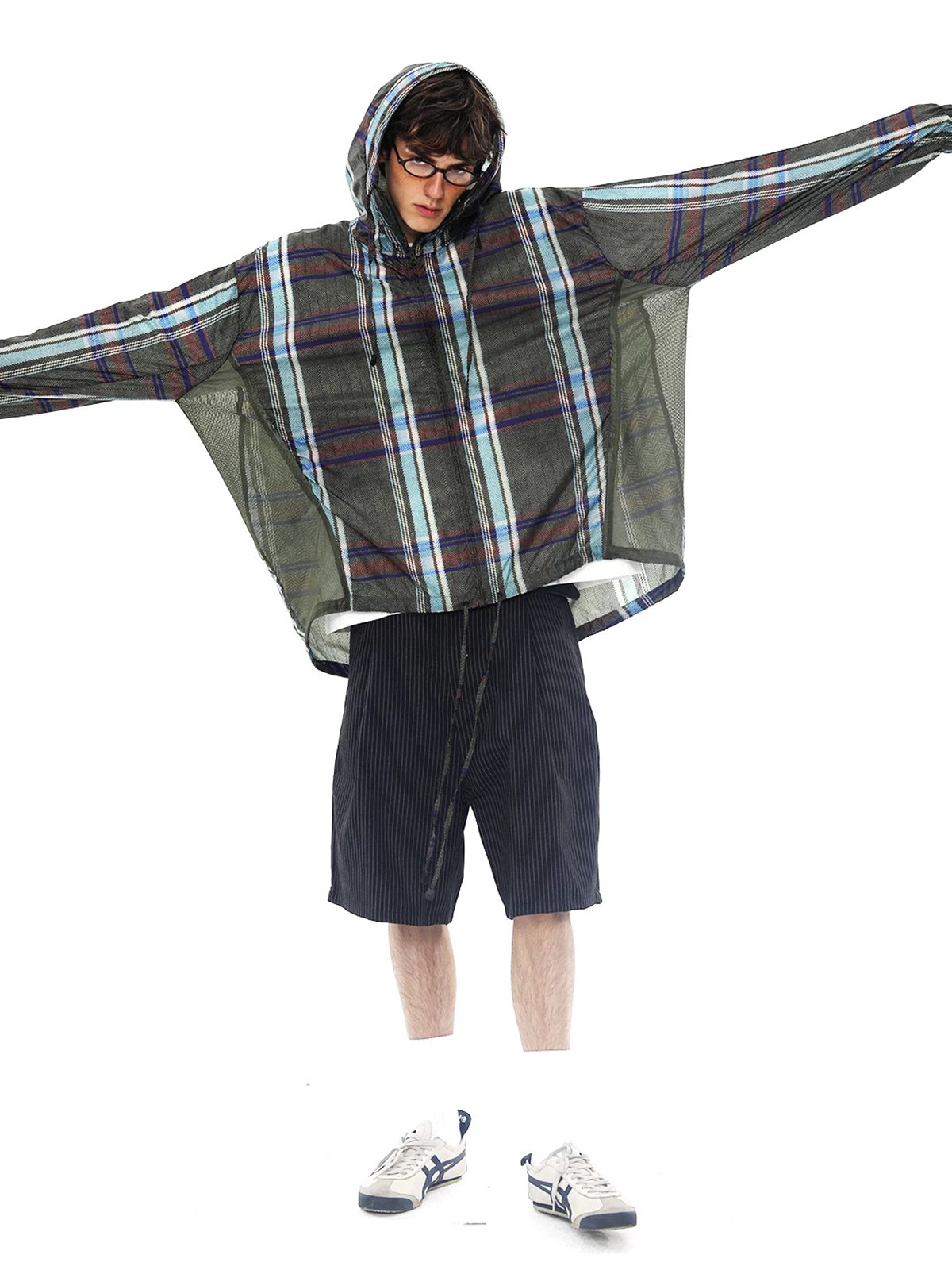 Co-ed Dorm Baggy Check Sheer Hoodie - Black