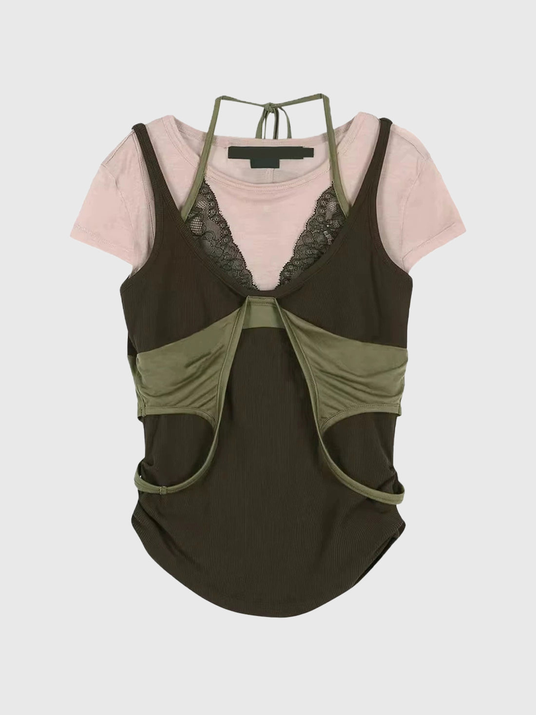 Brick Lane Layered-look Mesh Patchwork Top - Green