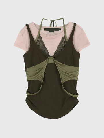 Brick Lane Layered-look Mesh Patchwork Top - Green