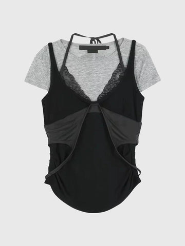 Brick Lane Layered-look Mesh Patchwork Top - Black