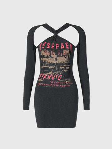 Brick Lane Skimming Cut Out Print Dress - Black