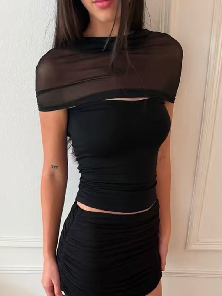 Dolled Office Skimming Mesh Patchwork Top - Black
