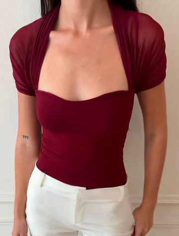 Dolled Office Skimming Mesh Patchwork Top - Red