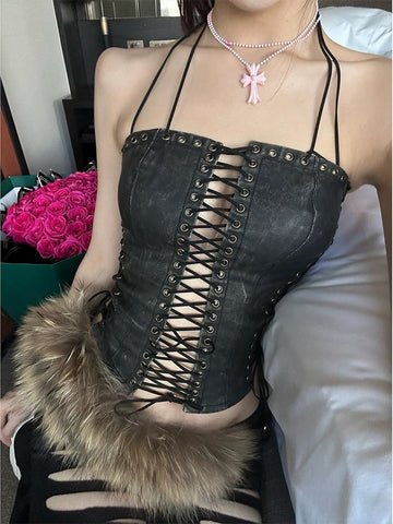Brick Lane Skimming Leather Cut Out Corset - Black