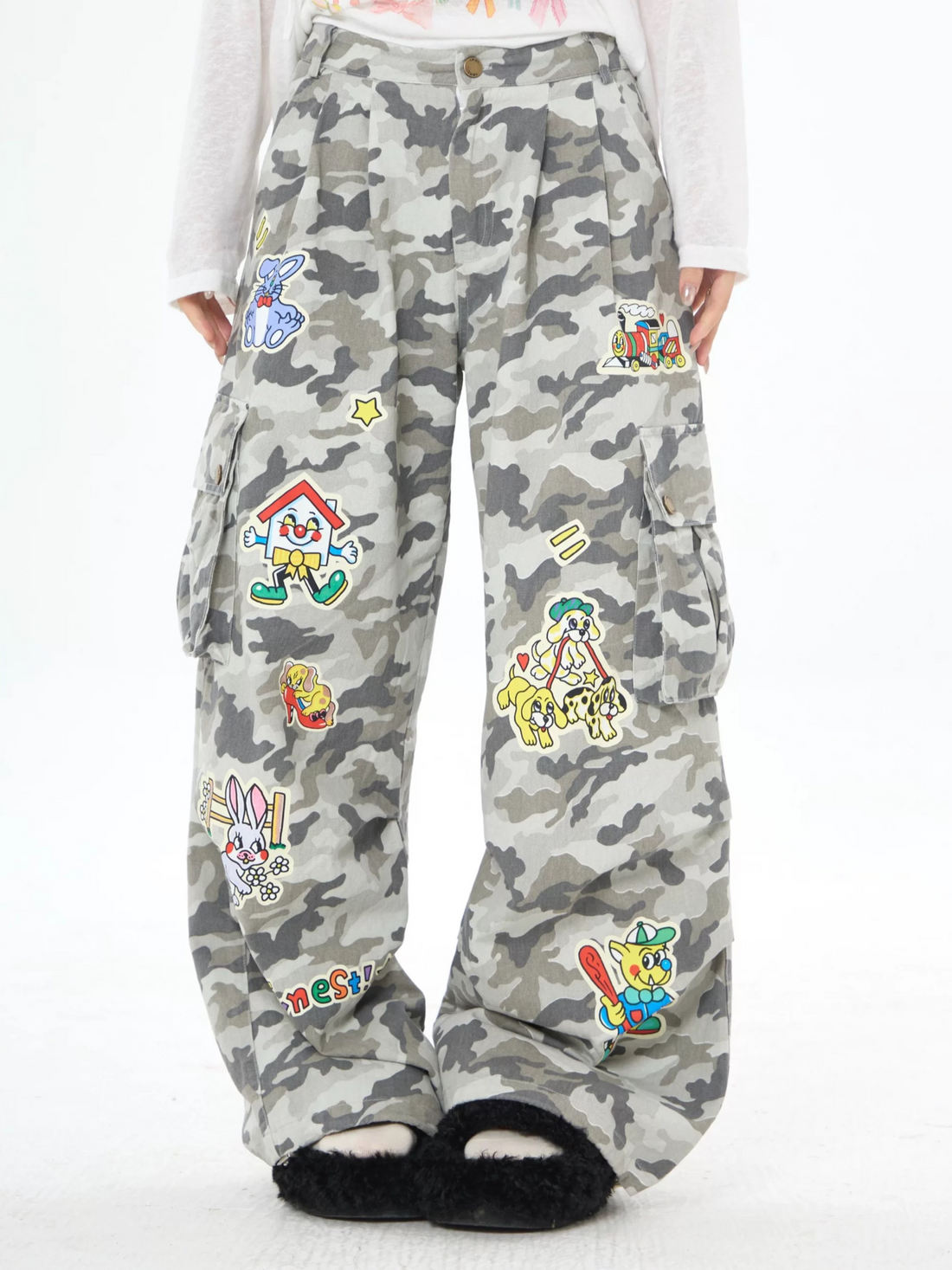 Brick Lane Wide-leg Camouflage Print Pants - Grey