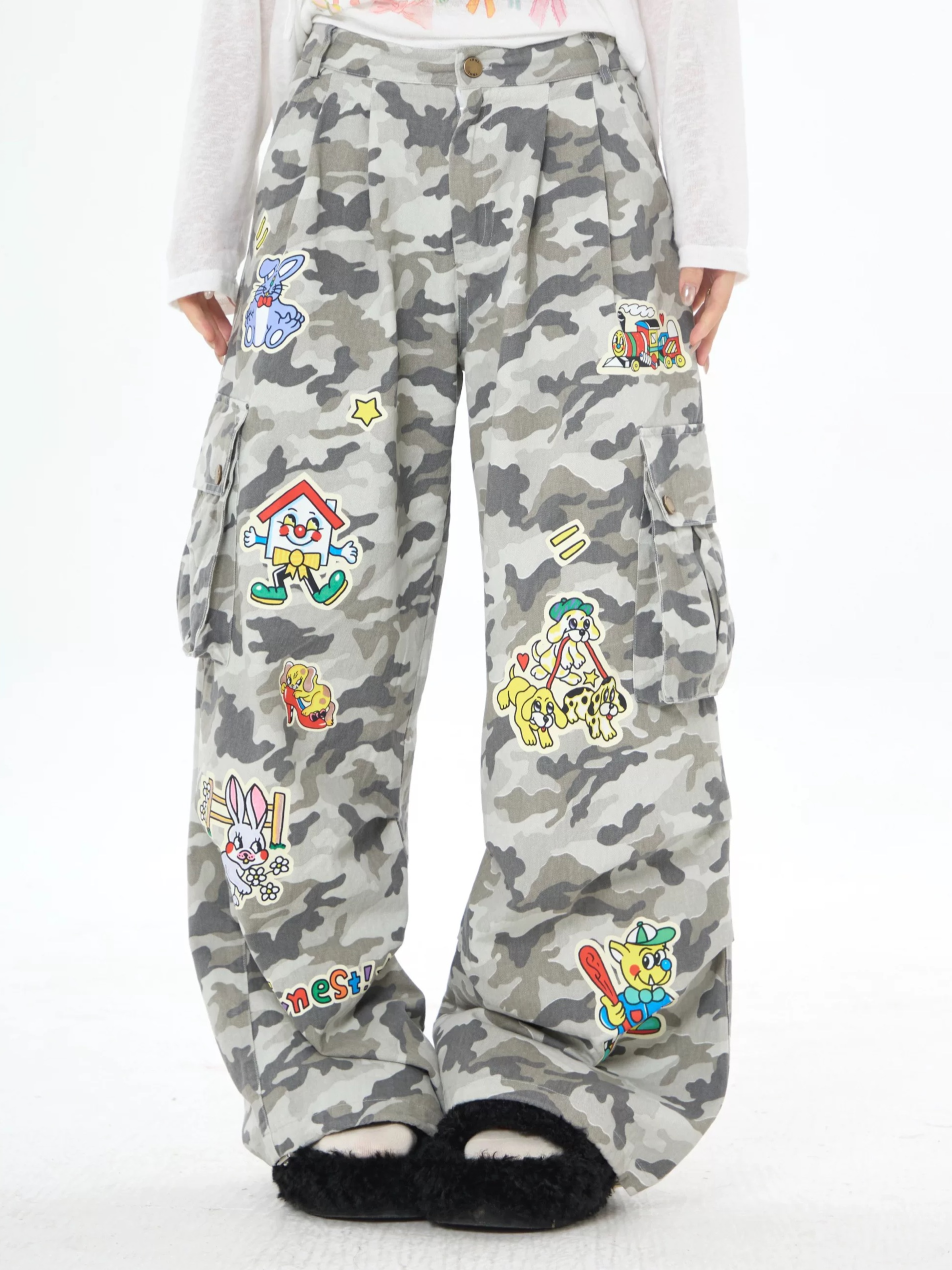 Brick Lane Wide-leg Camouflage Print Pants - Grey
