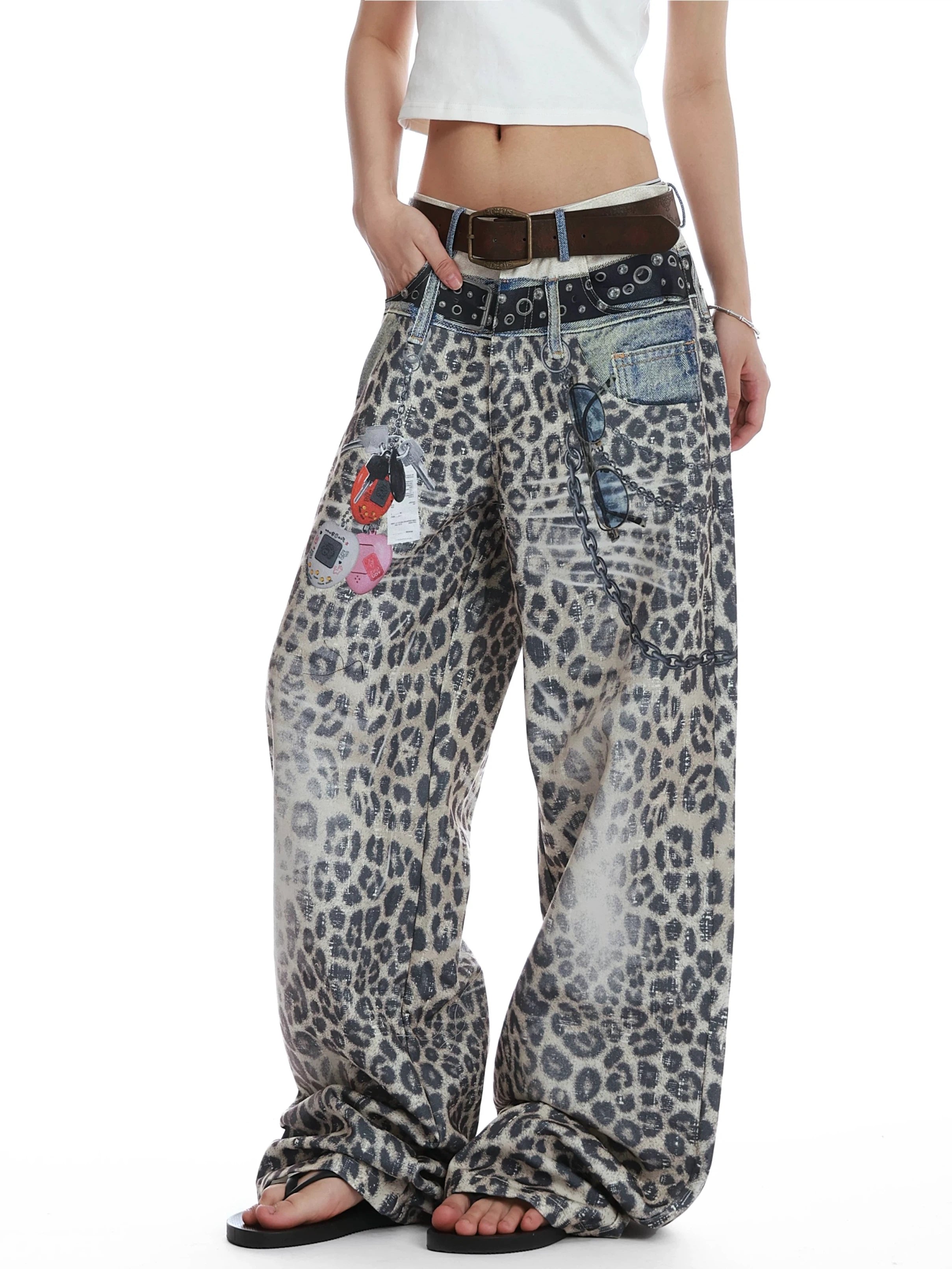 Brick Lane Wide-leg Animal Print Contrast Festival Pants - Grey/Mono