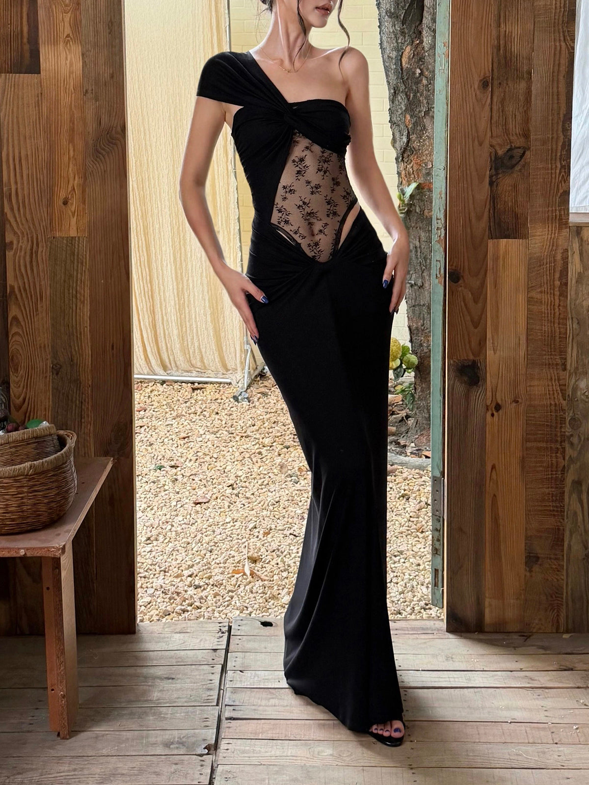 Brick Lane Draped Lace Maxi Dress - Black