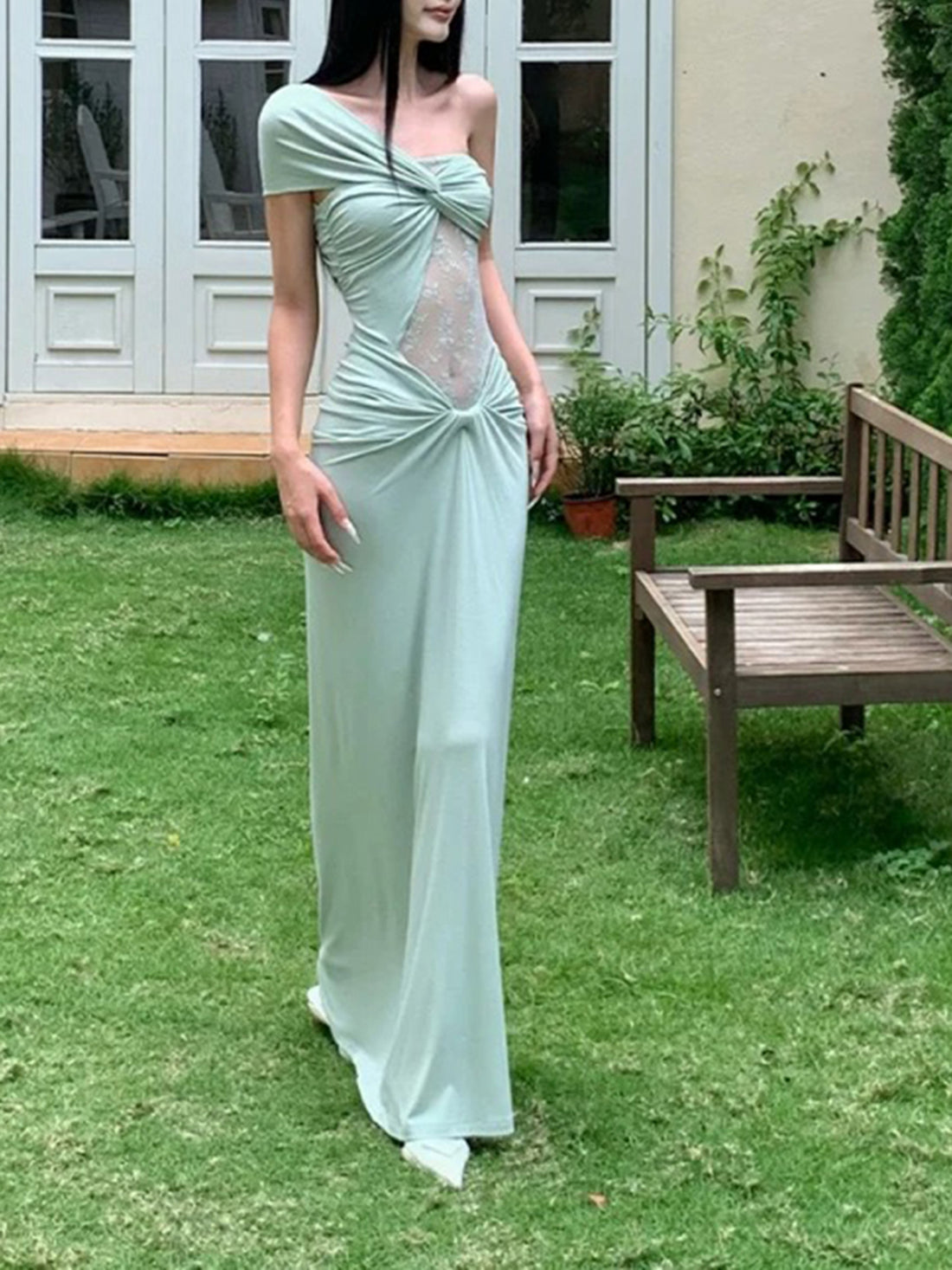 Brick Lane Draped Lace Maxi Dress - Green