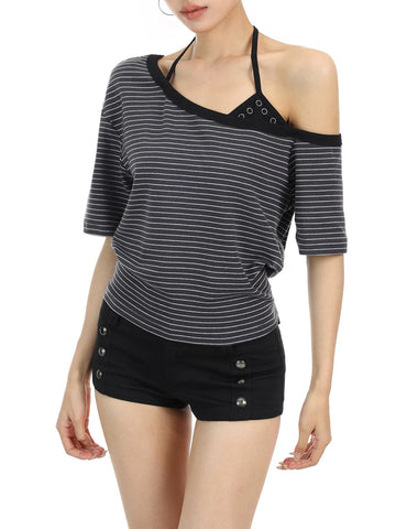 Brick Lane Layered-look Stripe Cut Out T-Shirt - Black