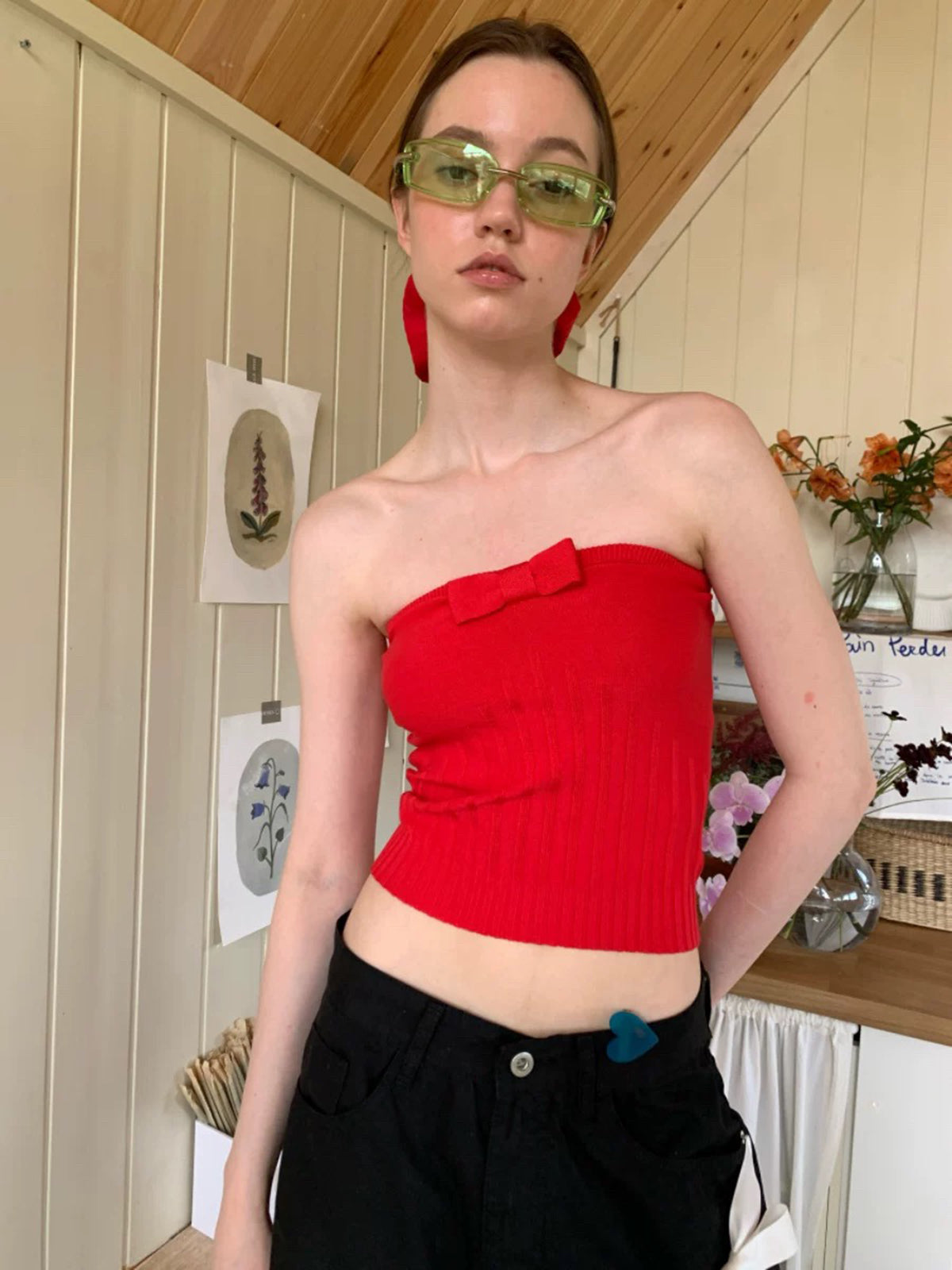 Brick Lane Skimming Bow Crop Top - Red