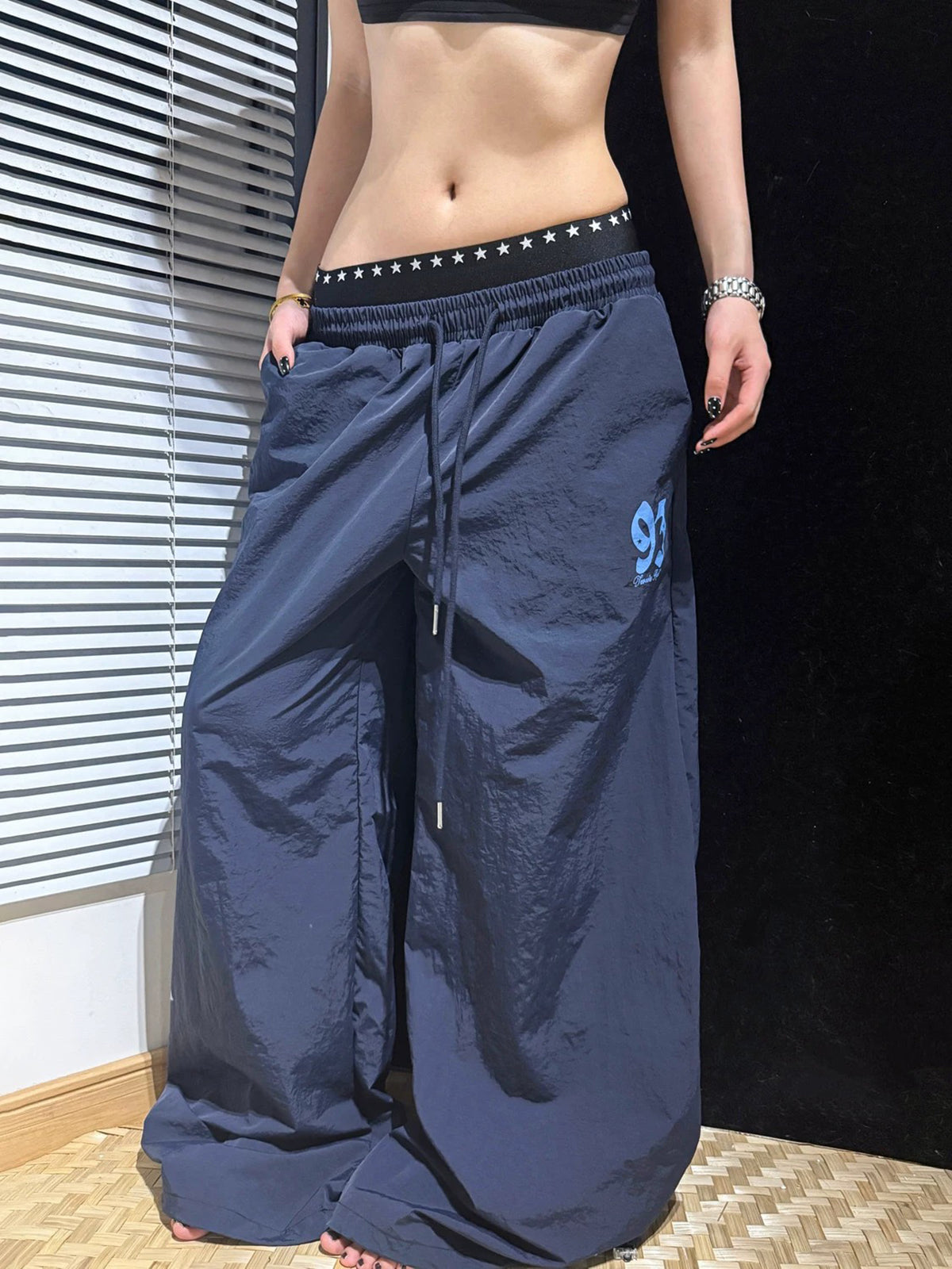 Brick Lane Layered-Look Star Graphic Baggy Sweatpants - Navy Blue