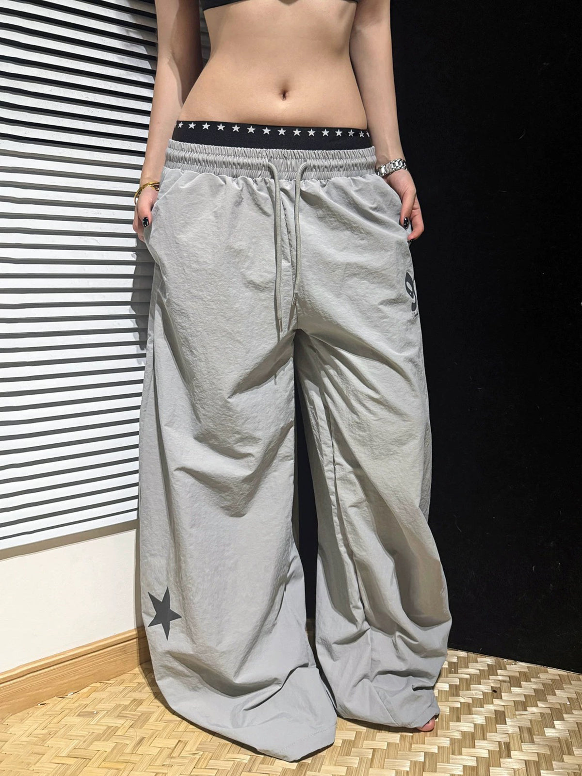 Brick Lane Layered-Look Star Graphic Baggy Sweatpants - Grey