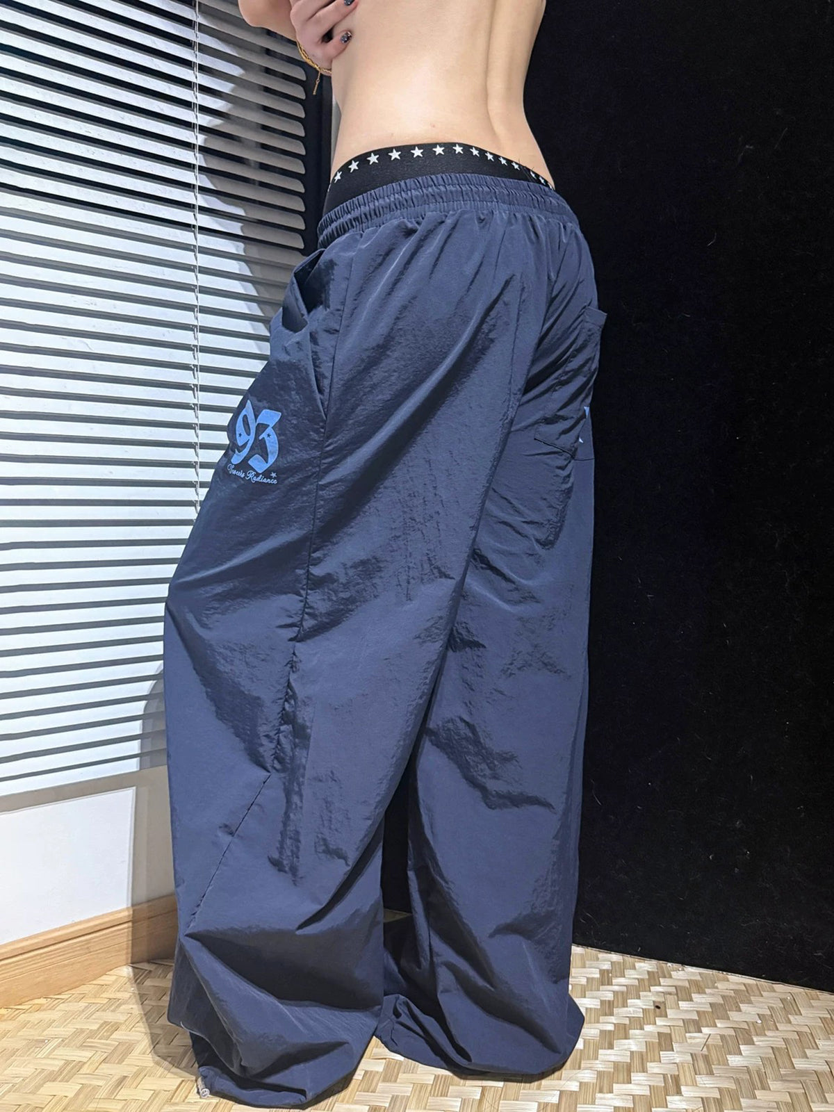 Brick Lane Layered-Look Star Graphic Baggy Sweatpants - Navy Blue