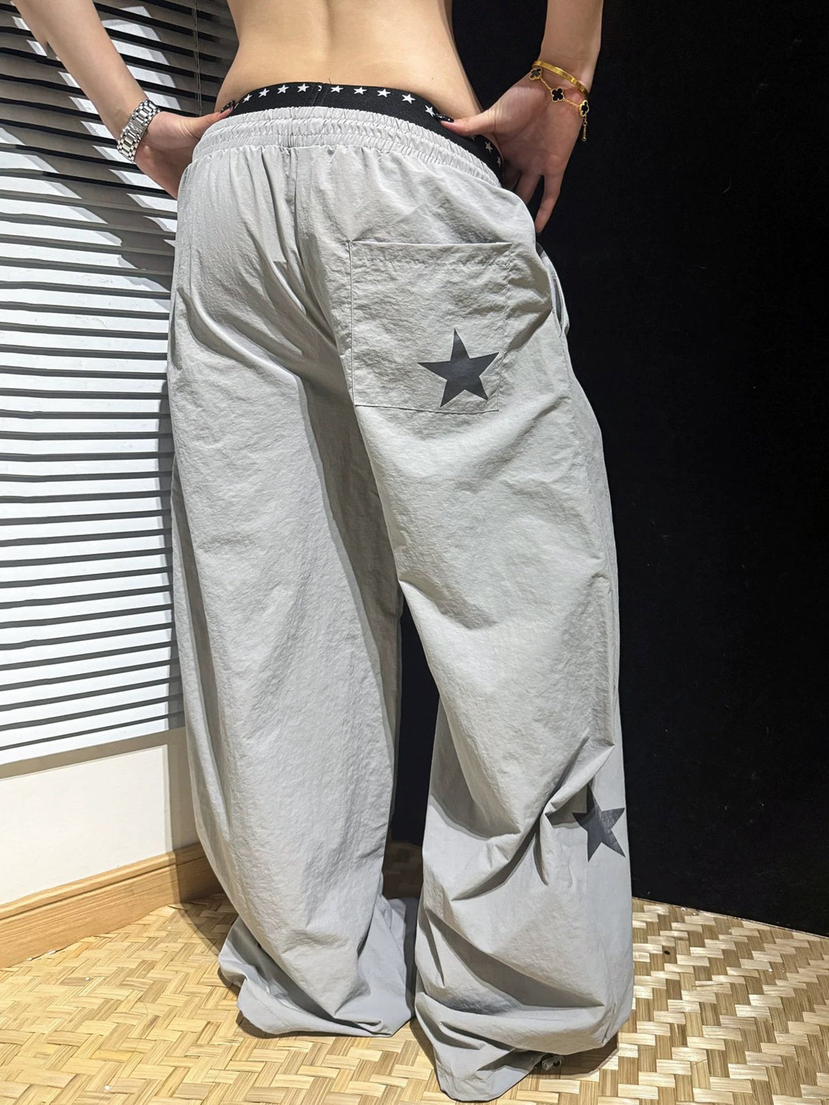 Brick Lane Layered-Look Star Graphic Baggy Sweatpants - Grey