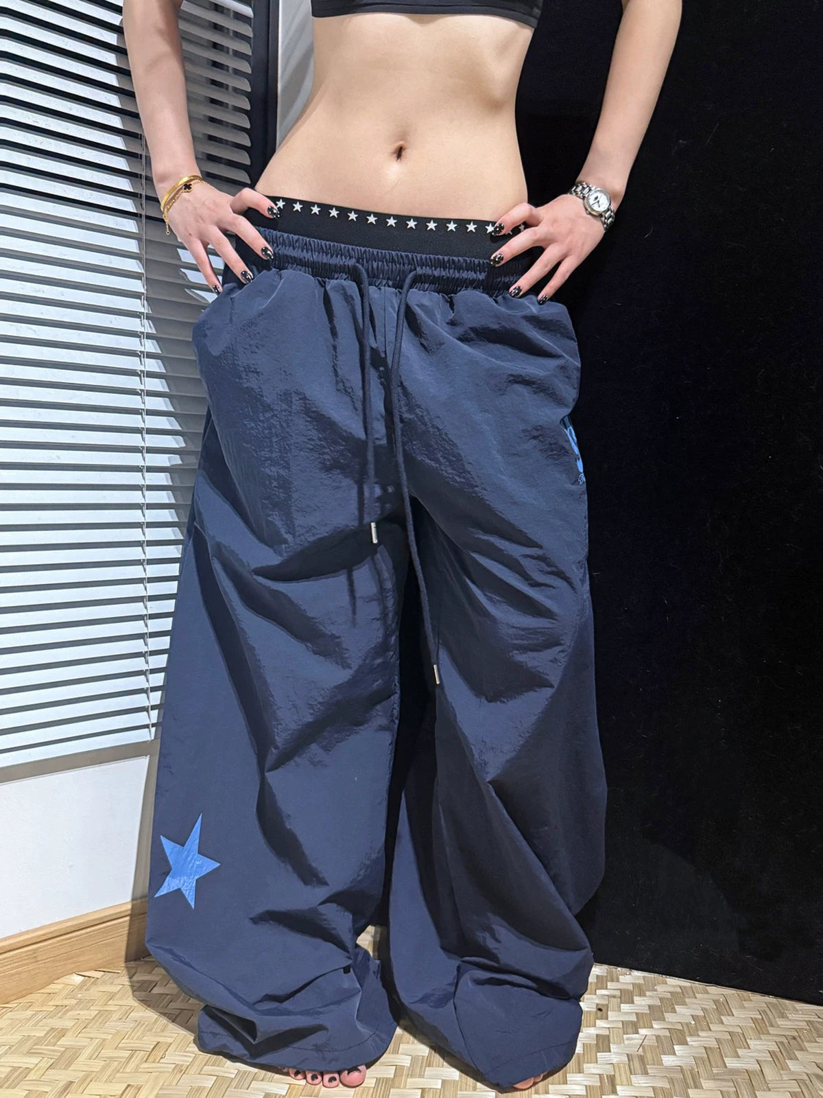 Brick Lane Layered-Look Star Graphic Baggy Sweatpants - Navy Blue