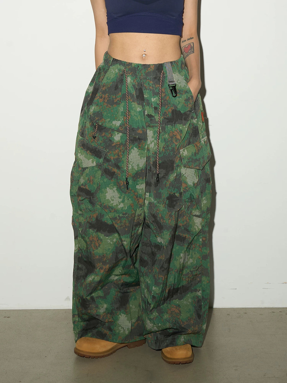 Brick Lane Wide-Leg Camouflage Cargo Shorts - Green Camo