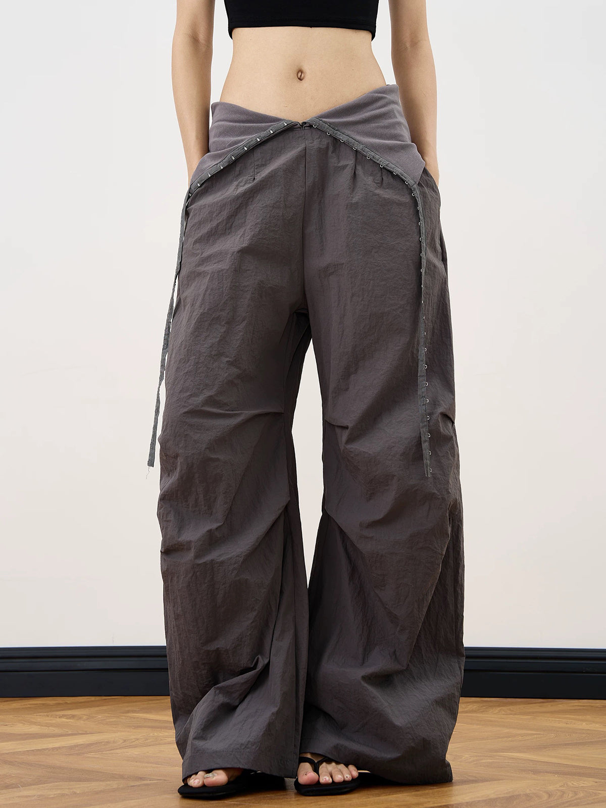Brick Lane Wide-Leg V-Neck Crossover Waist Pants - Dark Brown