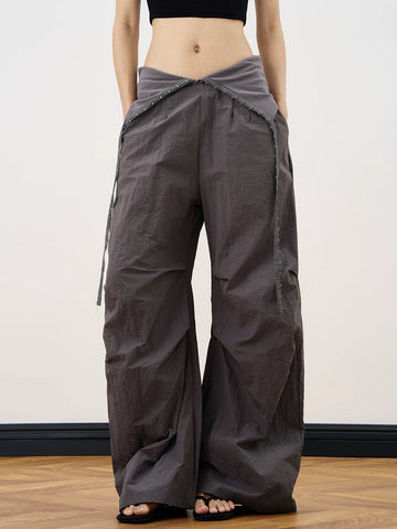 Brick Lane Wide-Leg V-Neck Crossover Waist Pants - Dark Brown