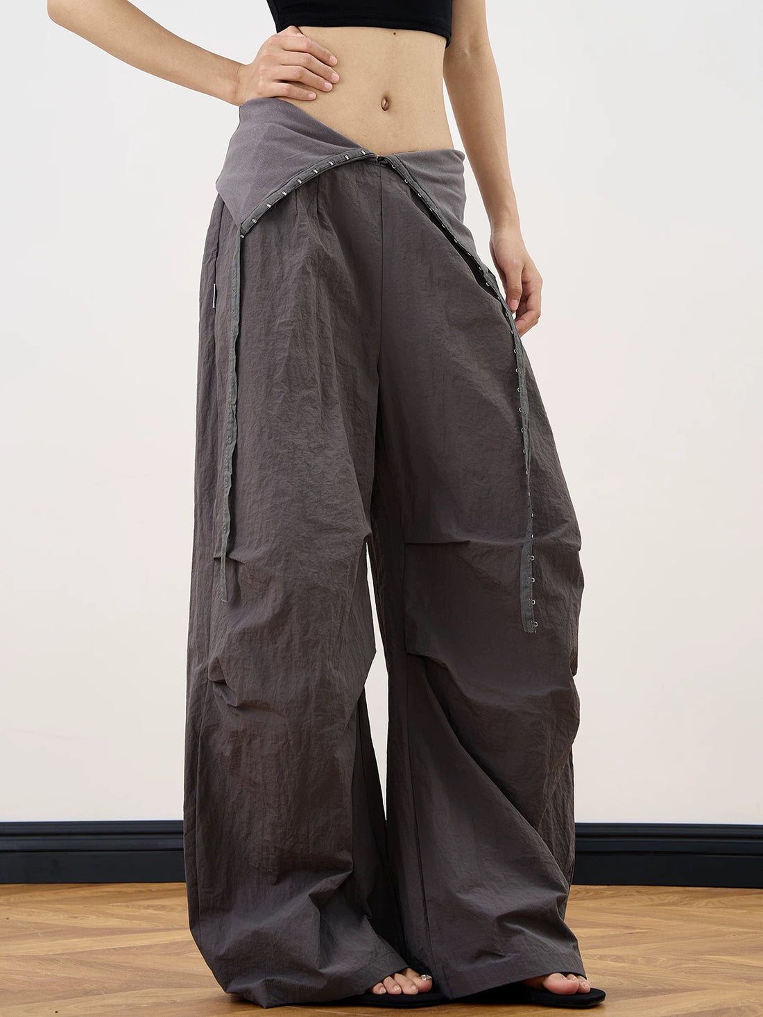 Brick Lane Wide-Leg V-Neck Crossover Waist Pants - Dark Brown