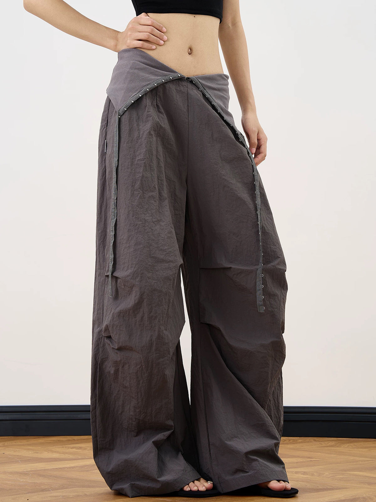Brick Lane Wide-Leg V-Neck Crossover Waist Pants - Dark Brown