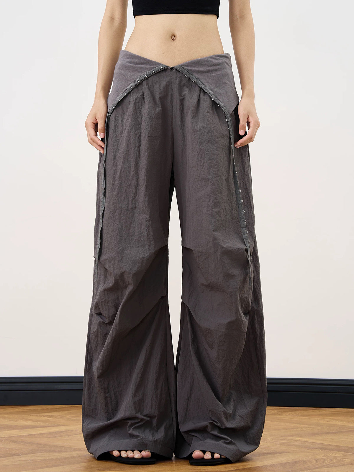 Brick Lane Wide-Leg V-Neck Crossover Waist Pants - Dark Brown