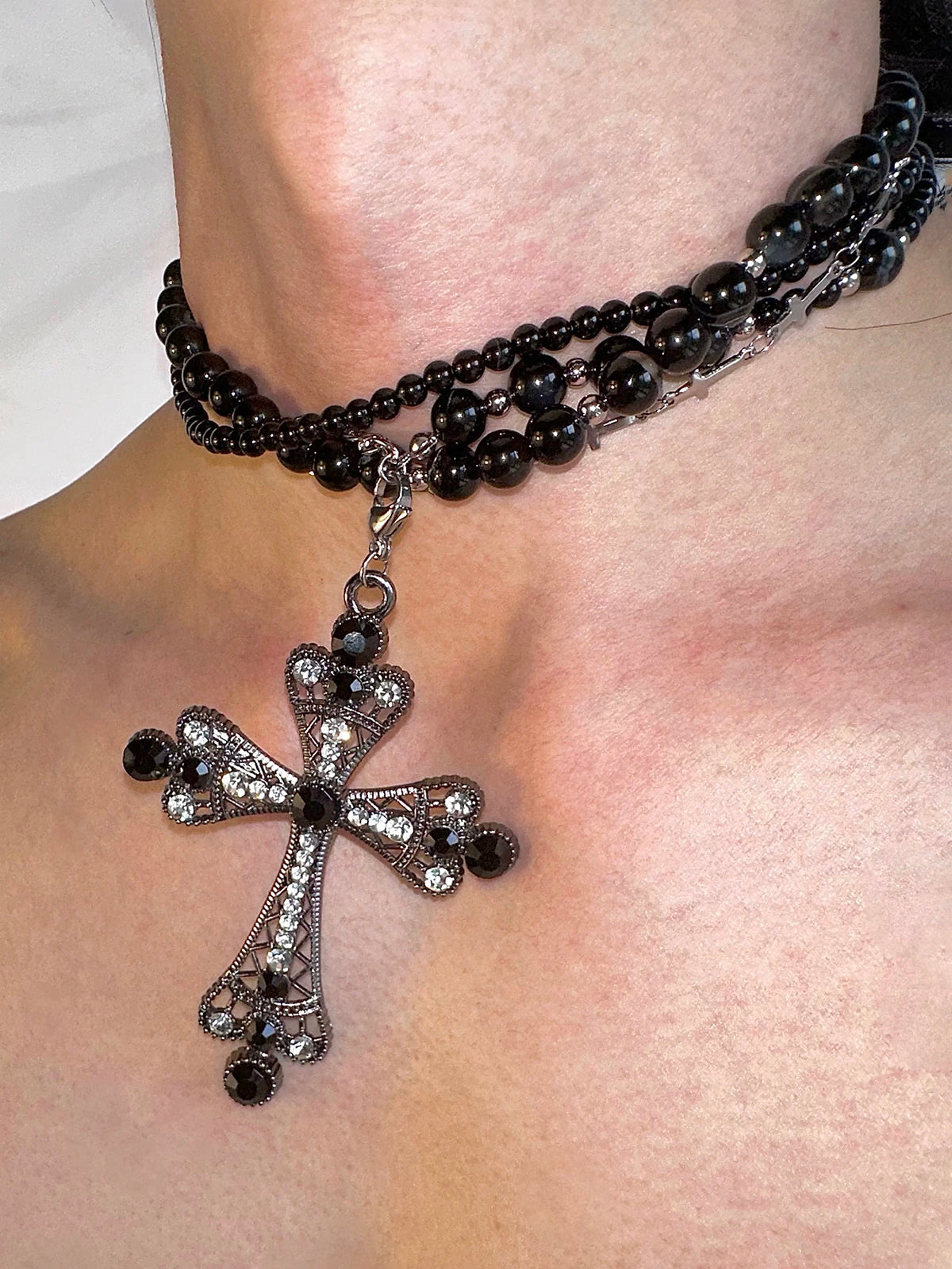 Brick Lane Gothic Large Cross Pendant Beaded Choker Necklace - Black