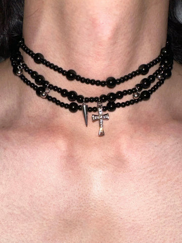 Brick Lane Multi-Layered Mini Cross Beaded Necklace - Black