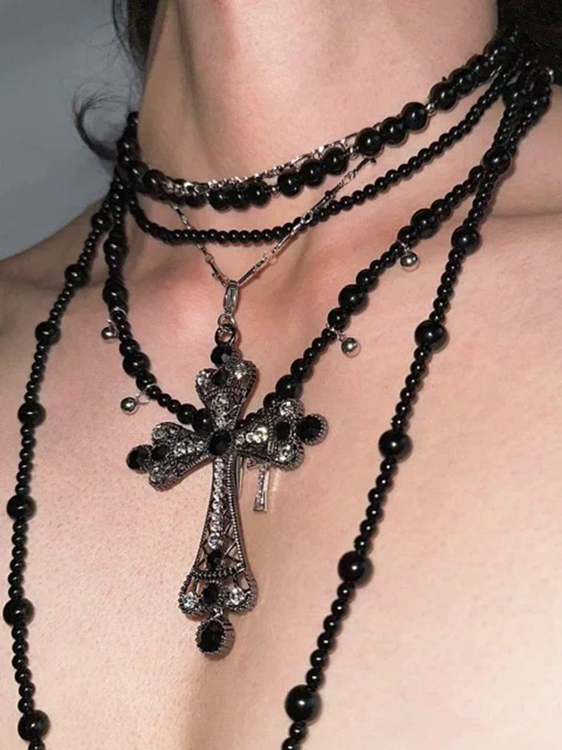 Brick Lane Layered Statement Cross Pendant Beaded Necklace - Black