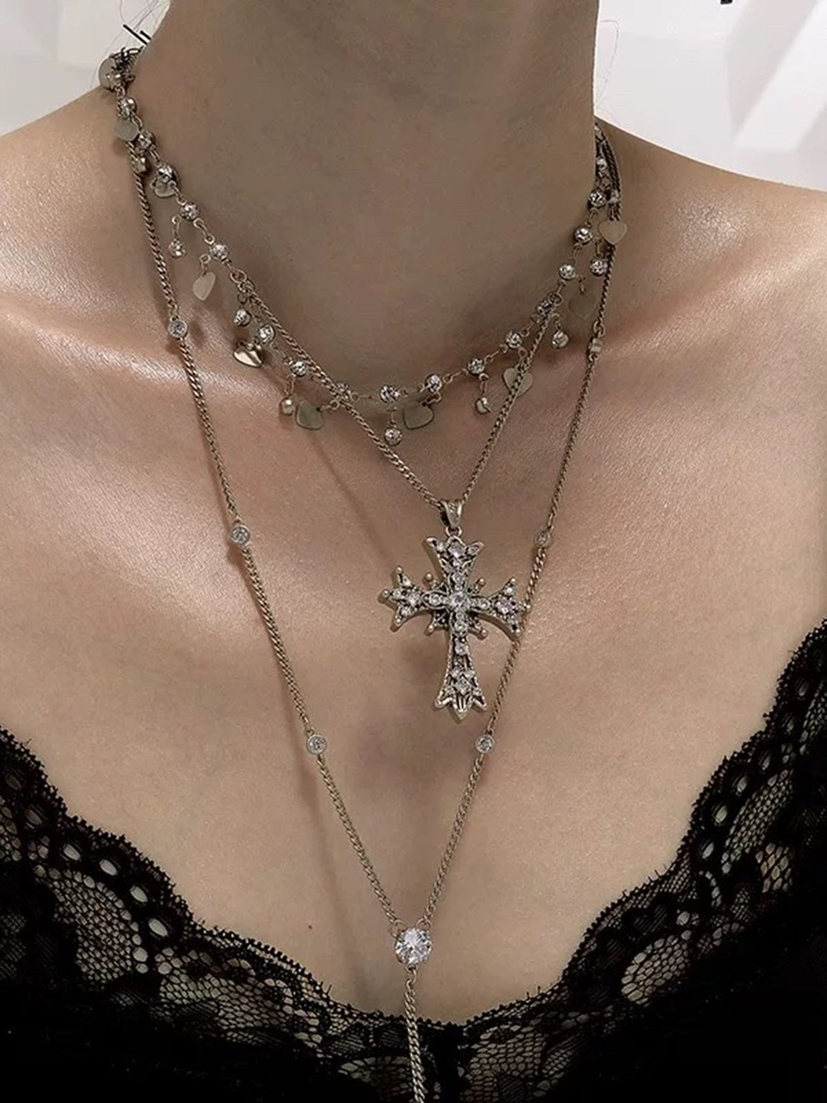 Brick Lane Multi-Layer Long Cross Pendant Necklace - Silver